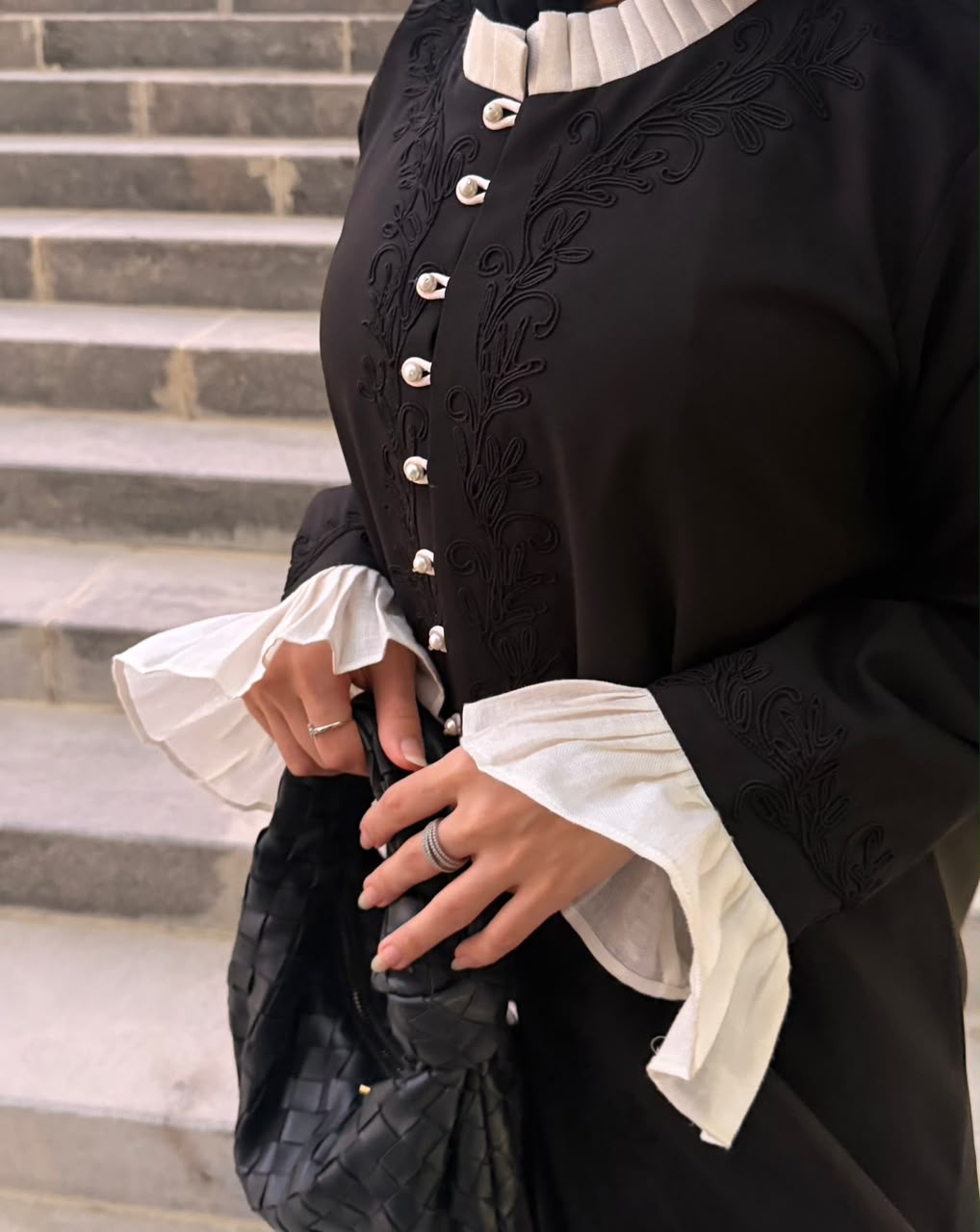 Elegant Black Pearl Thread Abaya